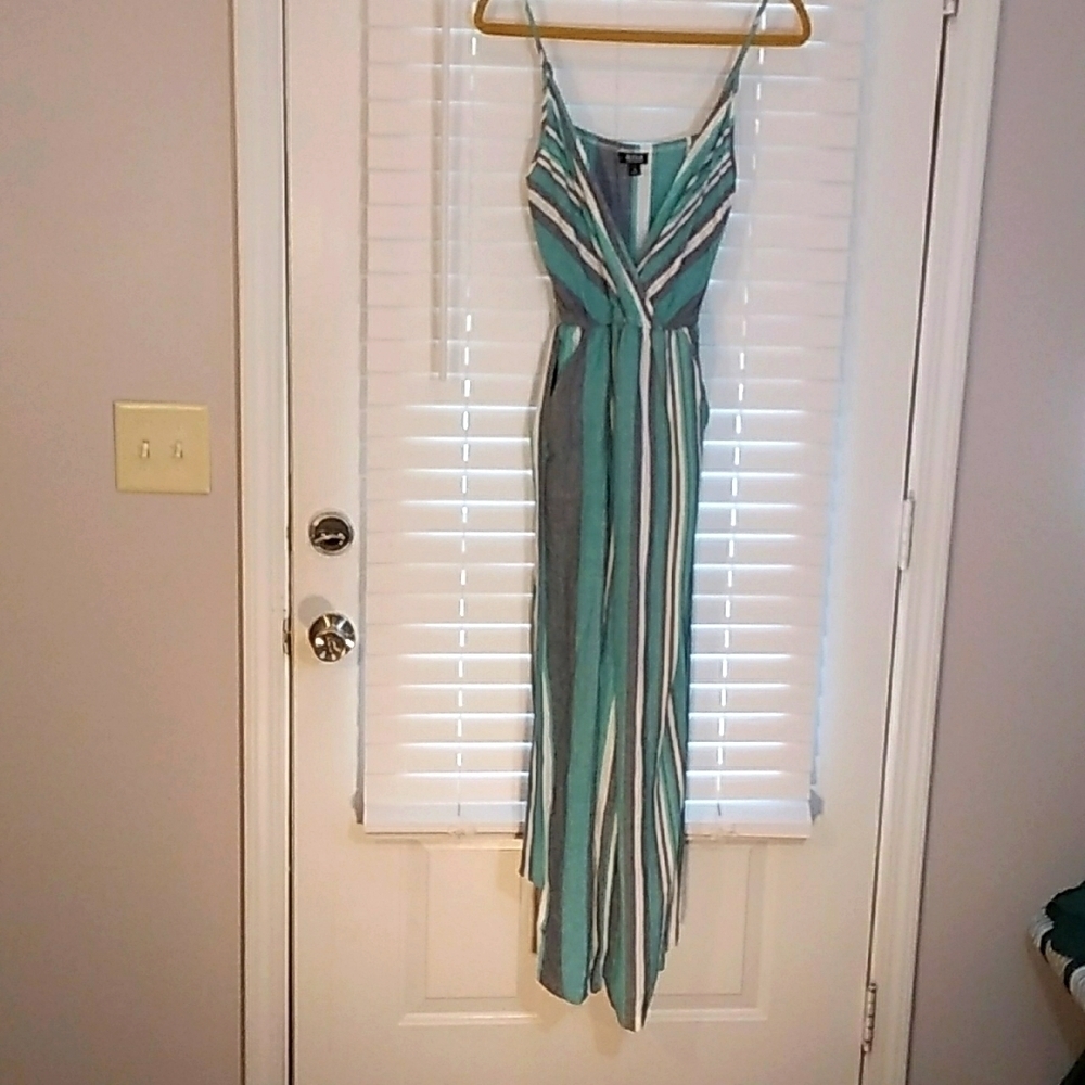 A.n.a Boho Strip Linen Blend Green White Spaghetti Strap Jumpsuit Romper Size S - Picture 3 of 11